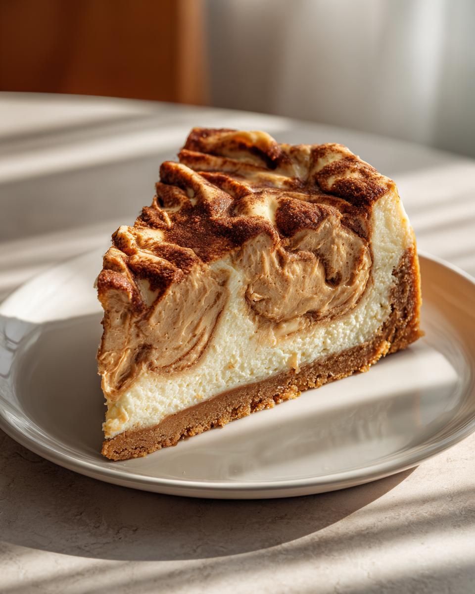 A perfect slice of creamy biscoff cheesecake with a graham cracker crust, featuring a beautiful brown swirl on top.