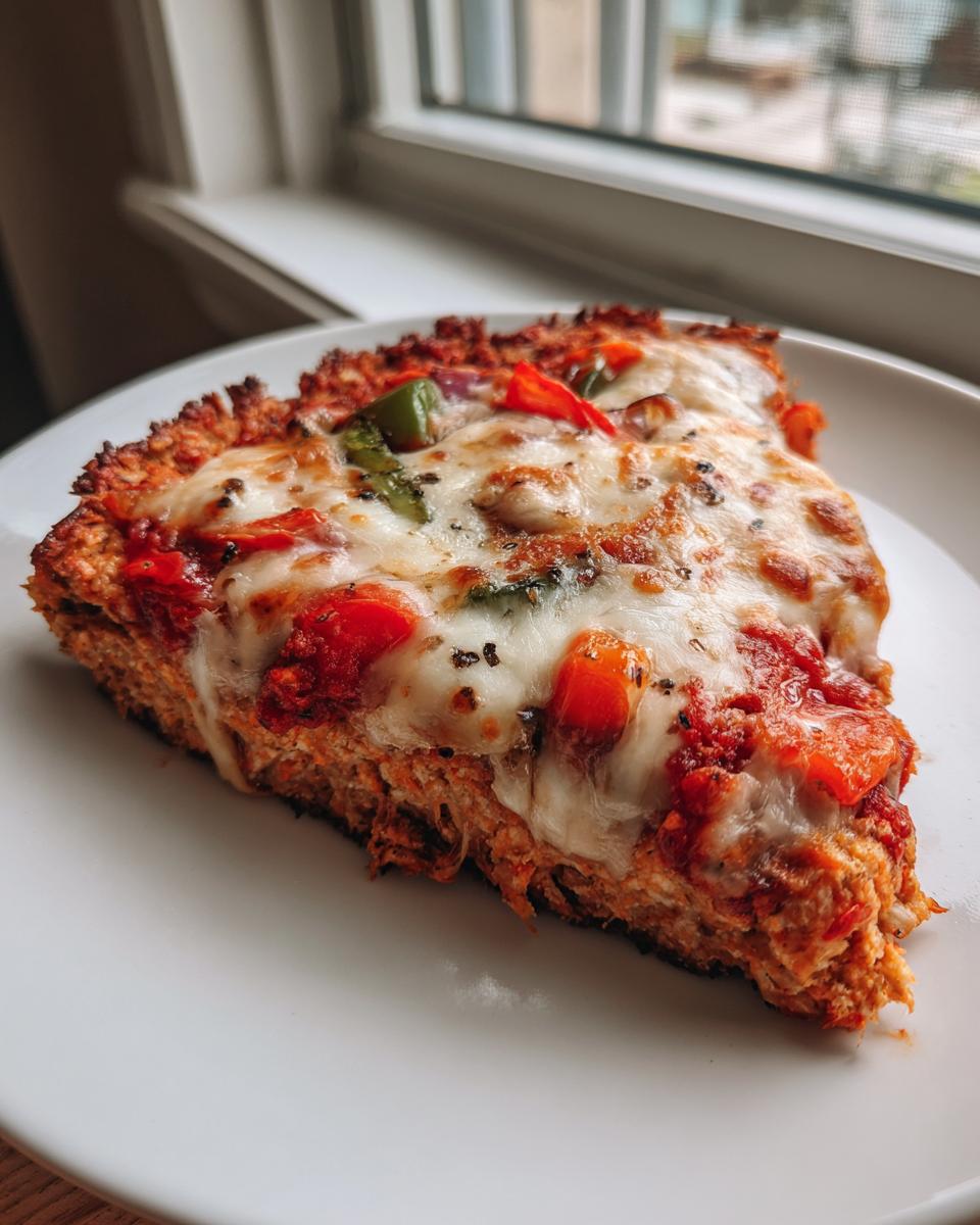 A thick slice of chicken crust pizza topped with melted mozzarella, tomato sauce, and peppers.