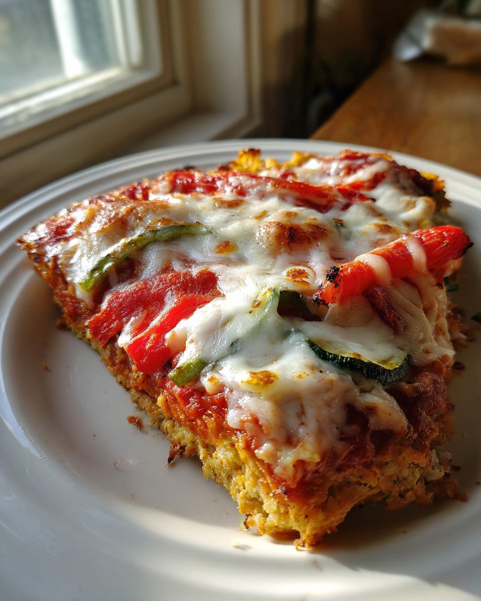 Close-up of a slice of chicken crust pizza topped with melted mozzarella, red peppers, and zucchini.