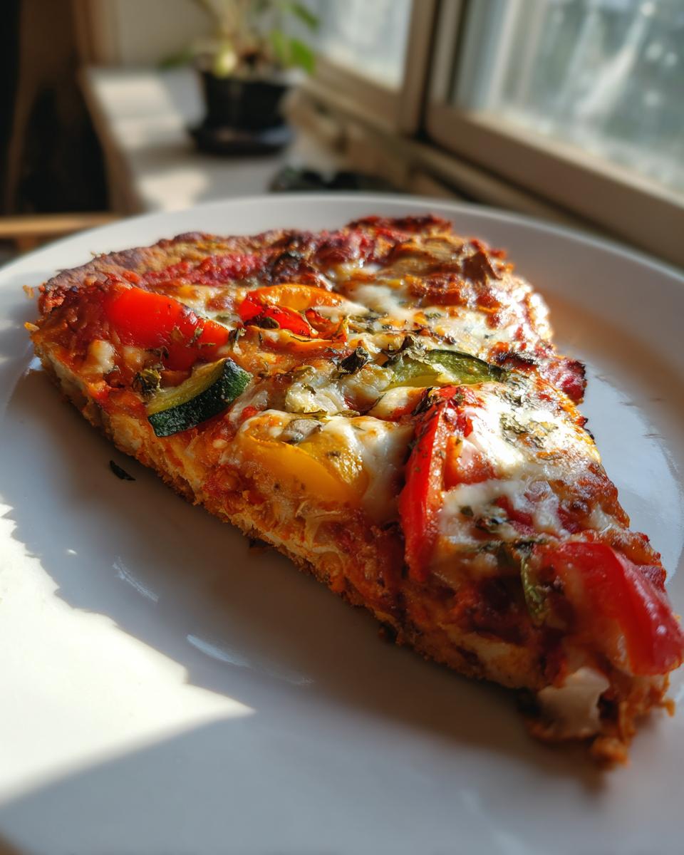 A close-up slice of chicken crust pizza topped with melted cheese, red tomatoes, and zucchini, sitting on a white plate.