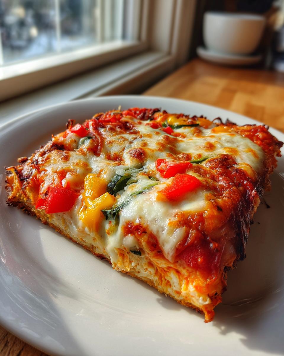 A close-up slice of chicken crust pizza topped with melted mozzarella, red and yellow peppers, and spinach.