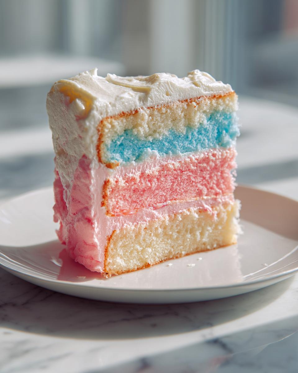 A tall slice of cotton candy cake showing three colorful layers (white, blue, pink) with white frosting.