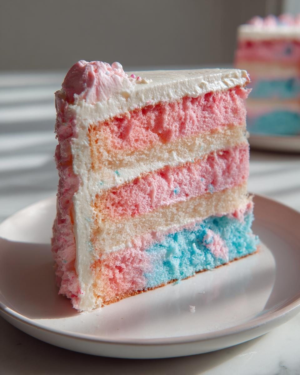 Close-up of a tall slice of cotton candy cake showing layers of pink, blue, and white cake with white frosting.