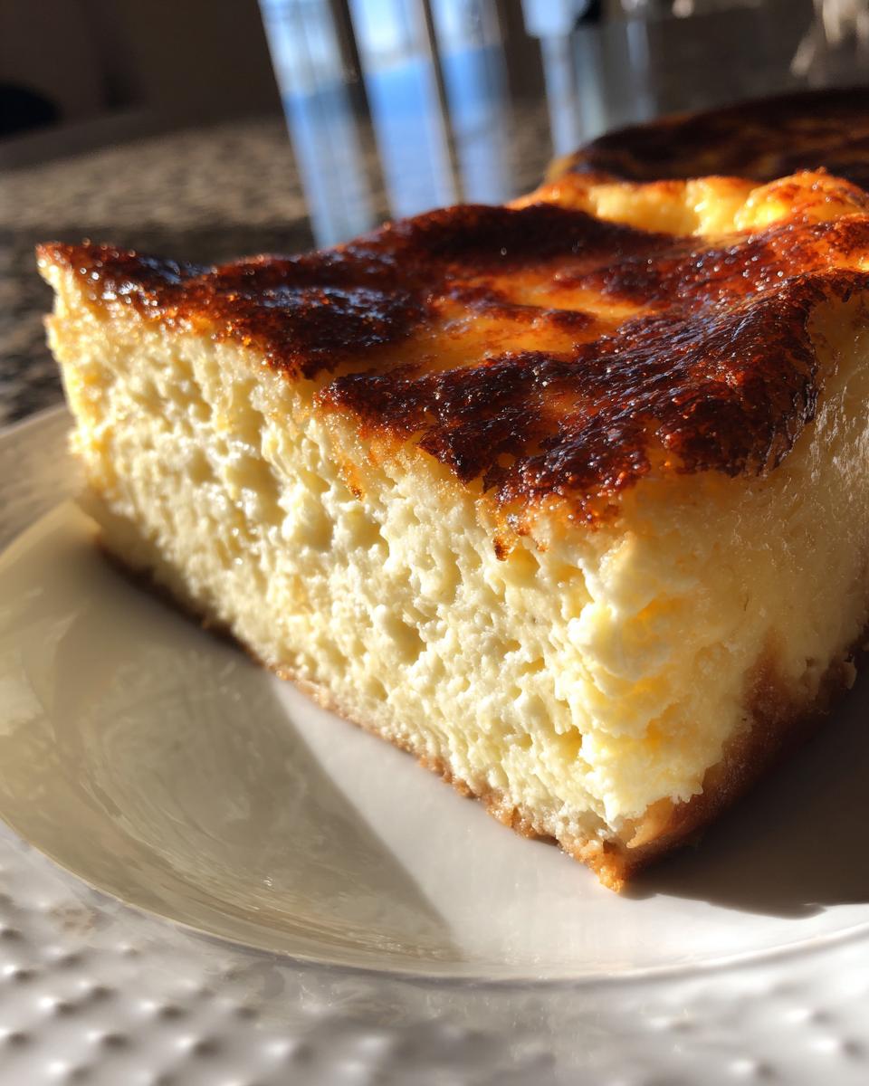 Close-up of a thick slice of creme brulee cheesecake showing the creamy interior and deeply caramelized, torched top.