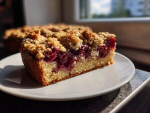A close-up of a slice of moist cake topped with streusel and dark red fruit, resembling a plum cake.
