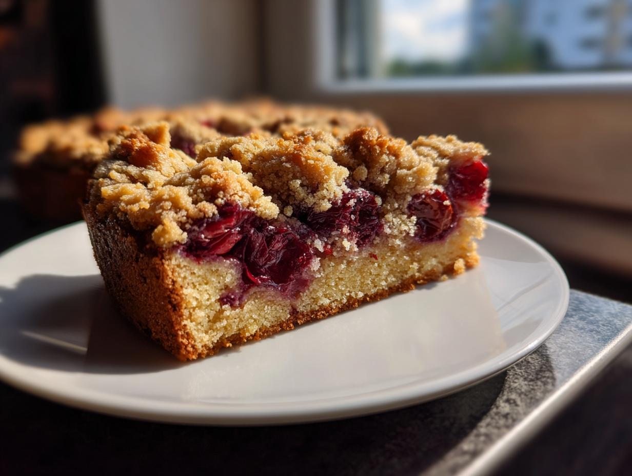 A close-up of a slice of moist cake topped with streusel and dark red fruit, resembling a plum cake.