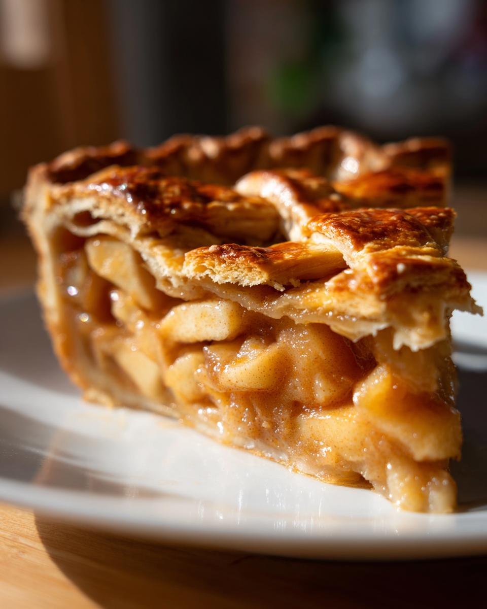 Close-up of a perfectly baked slice of homemade apple pie showing the thick, spiced apple filling and flaky lattice crust.