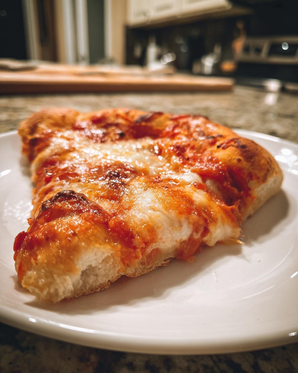Close-up of a thick slice of homemade pizza with melted mozzarella cheese and tomato sauce.