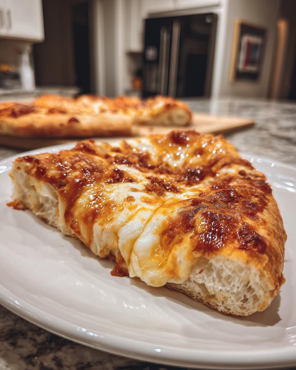 Close-up of a thick-crust slice of homemade pizza showing gooey, melted cheese and rich sauce.