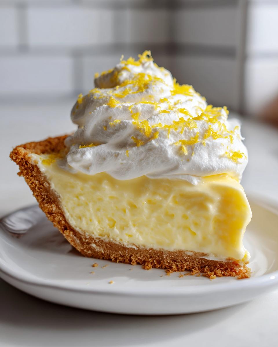 A perfect slice of creamy lemon pie with a graham cracker crust, topped with whipped cream and lemon zest.
