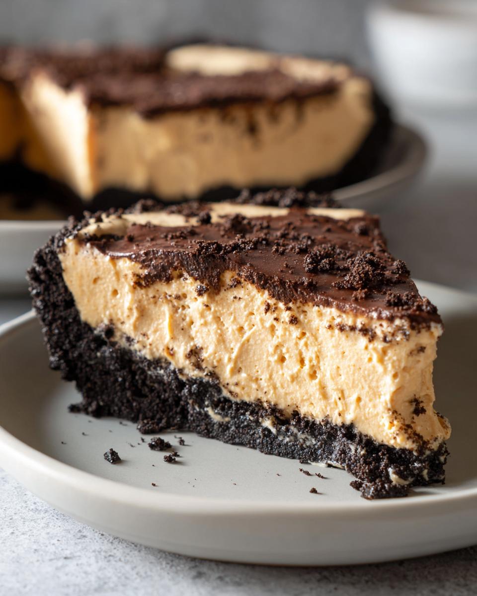A close-up slice of no bake peanut butter pie featuring a thick, creamy filling and dark chocolate crust.