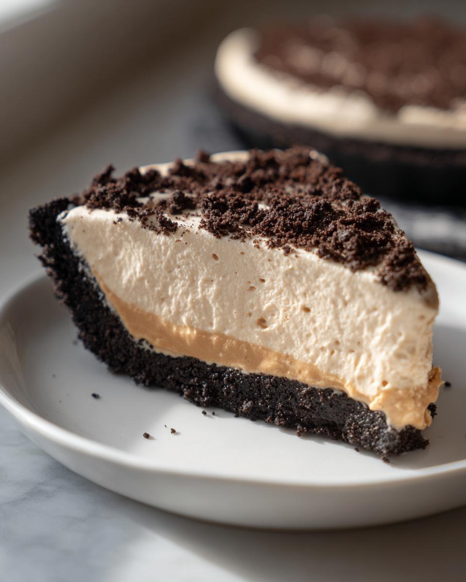 A perfect slice of no bake peanut butter pie featuring a dark cookie crust, peanut butter layer, and creamy topping with cookie crumbs.
