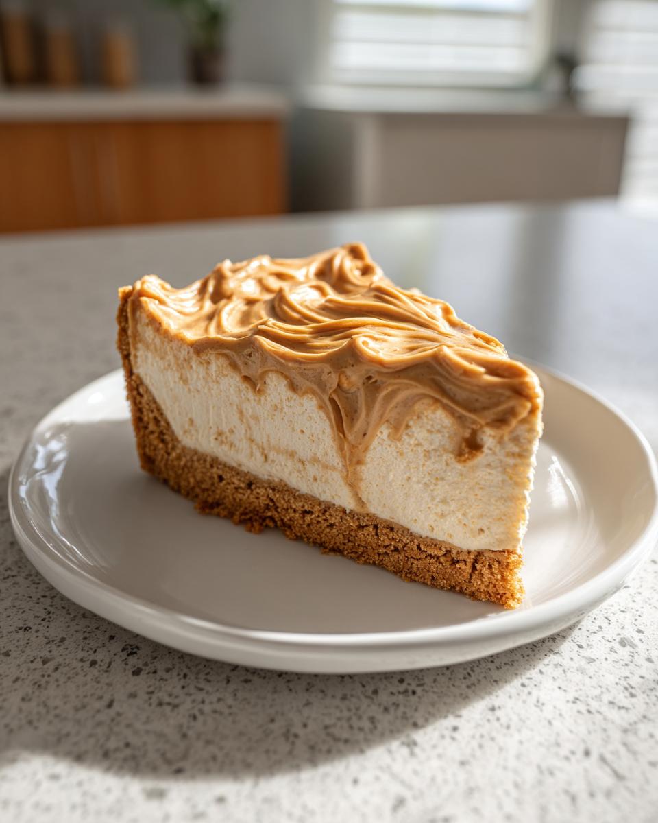 A perfect slice of creamy biscoff cheesecake sits on a white plate, topped with piped biscoff spread swirls.