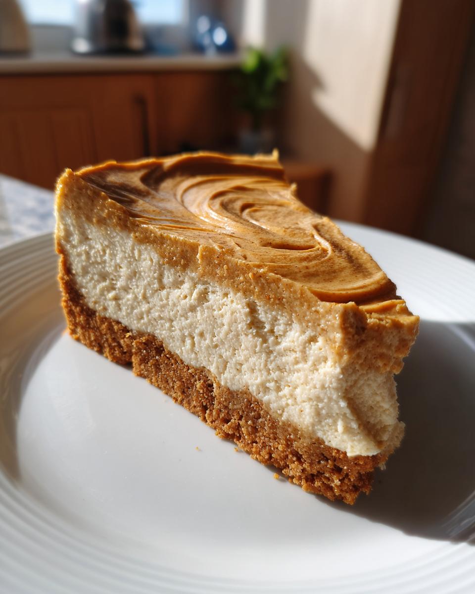 A close-up slice of creamy biscoff cheesecake on a white plate, showing a thick graham cracker crust and a Biscoff swirl top.