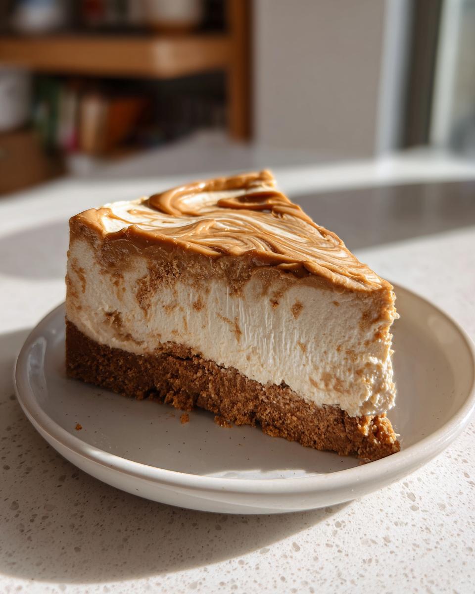 A decadent slice of no-bake biscoff cheesecake featuring a thick graham cracker crust and a creamy filling topped with a caramel swirl.