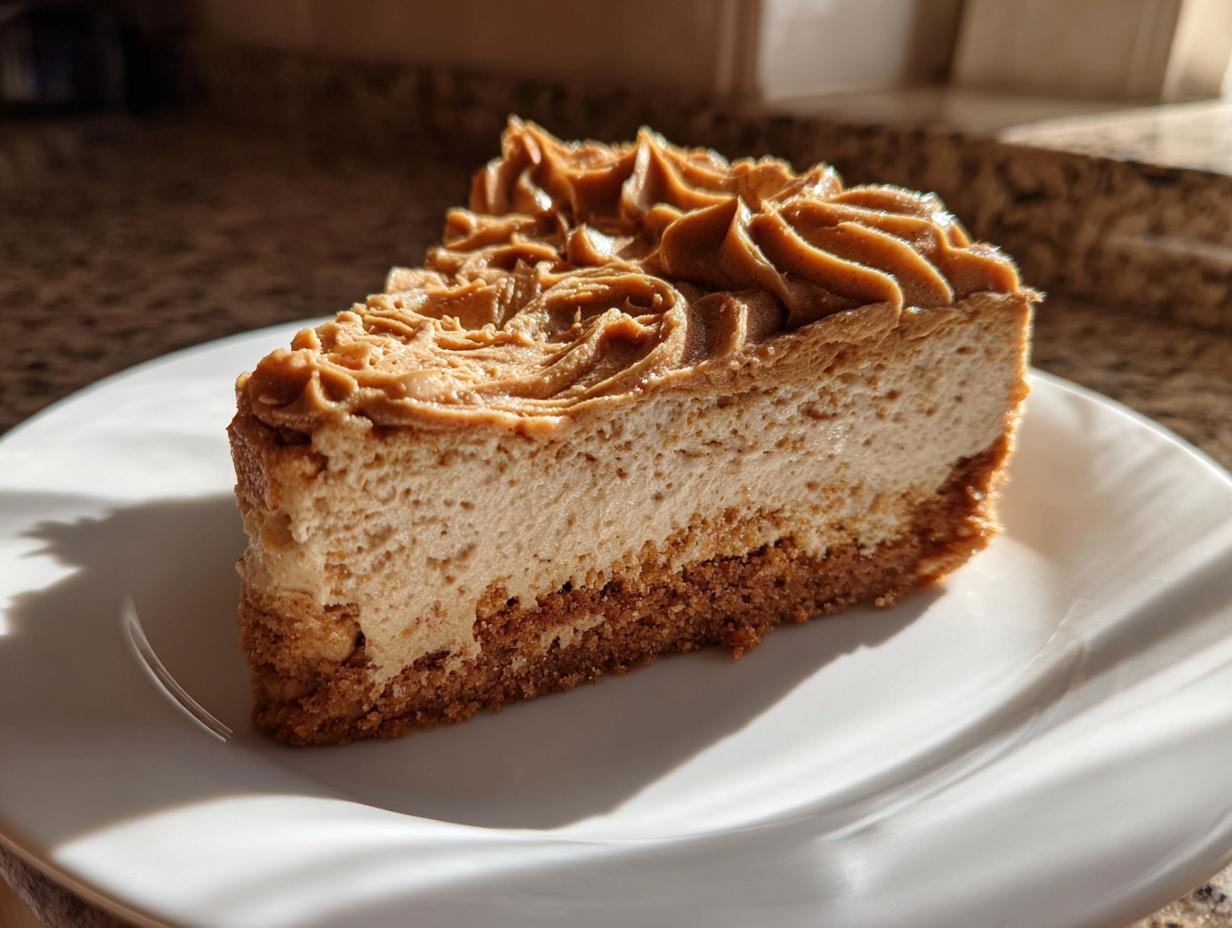 A decadent slice of biscoff cheesecake with a thick graham cracker crust and piped biscoff frosting on top.
