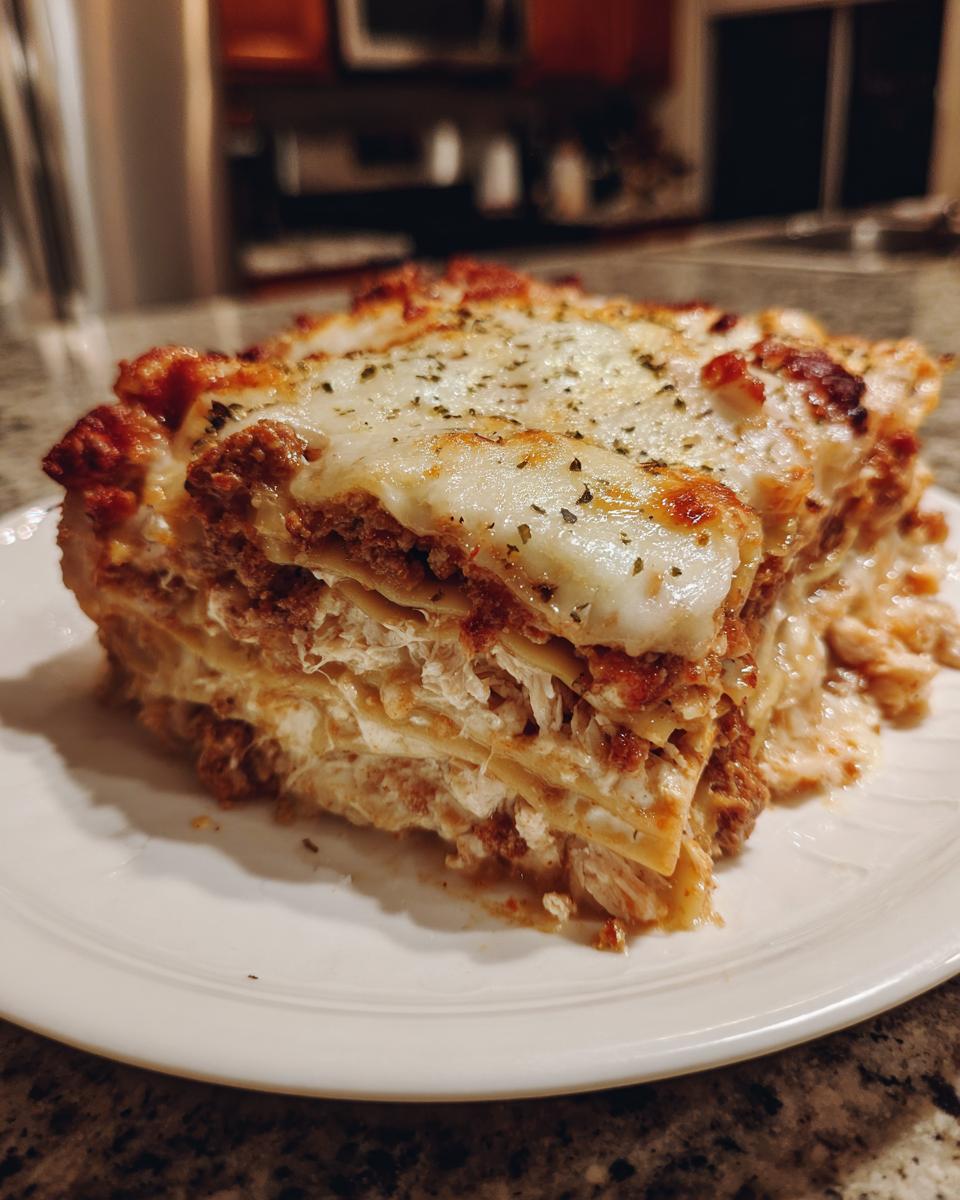 A thick, layered slice of amazing 580-calorie chicken lasagna topped with melted cheese and herbs.