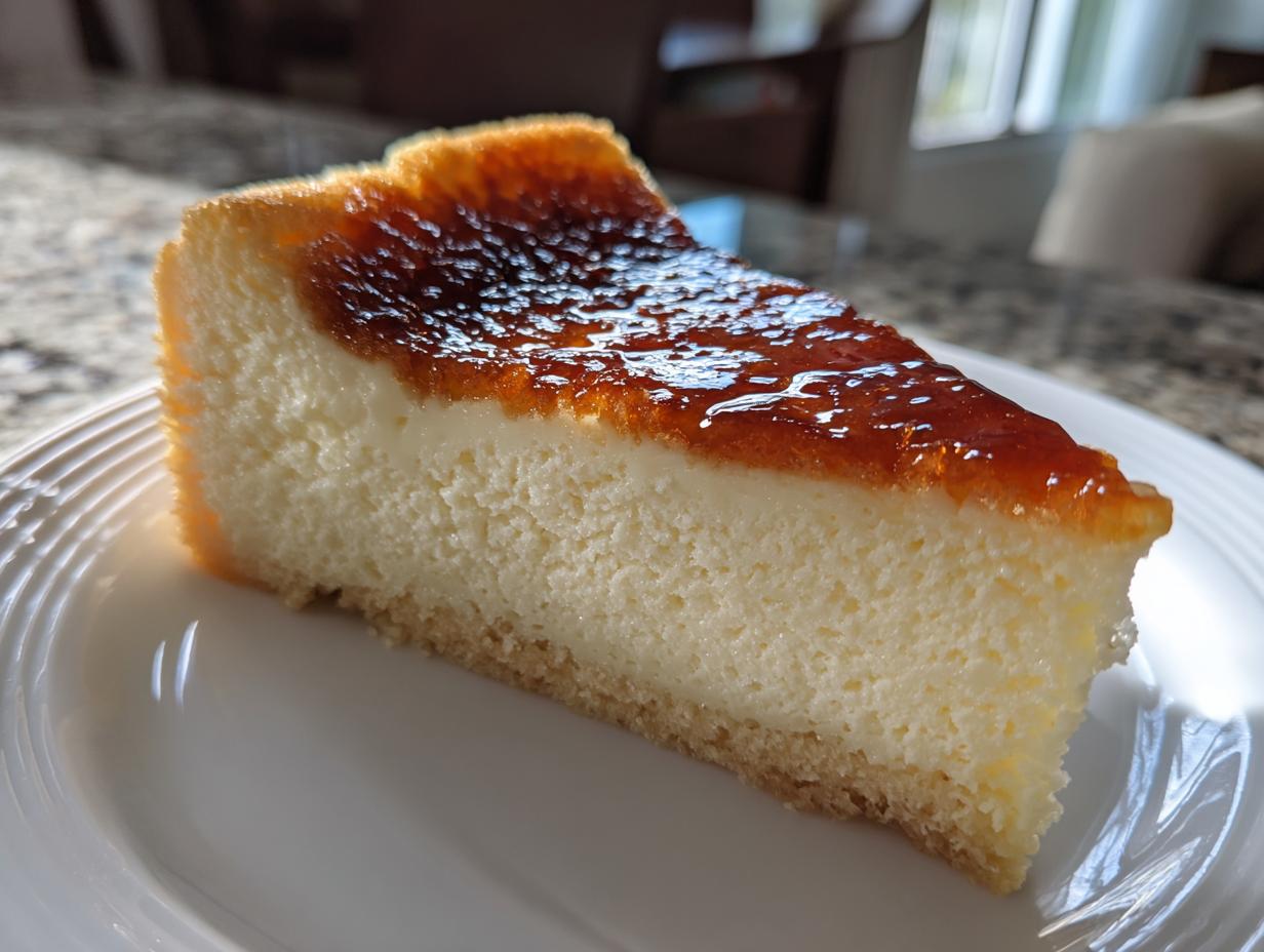 A close-up of a perfect slice of creme brulee cheesecake showing the creamy filling and caramelized sugar topping.
