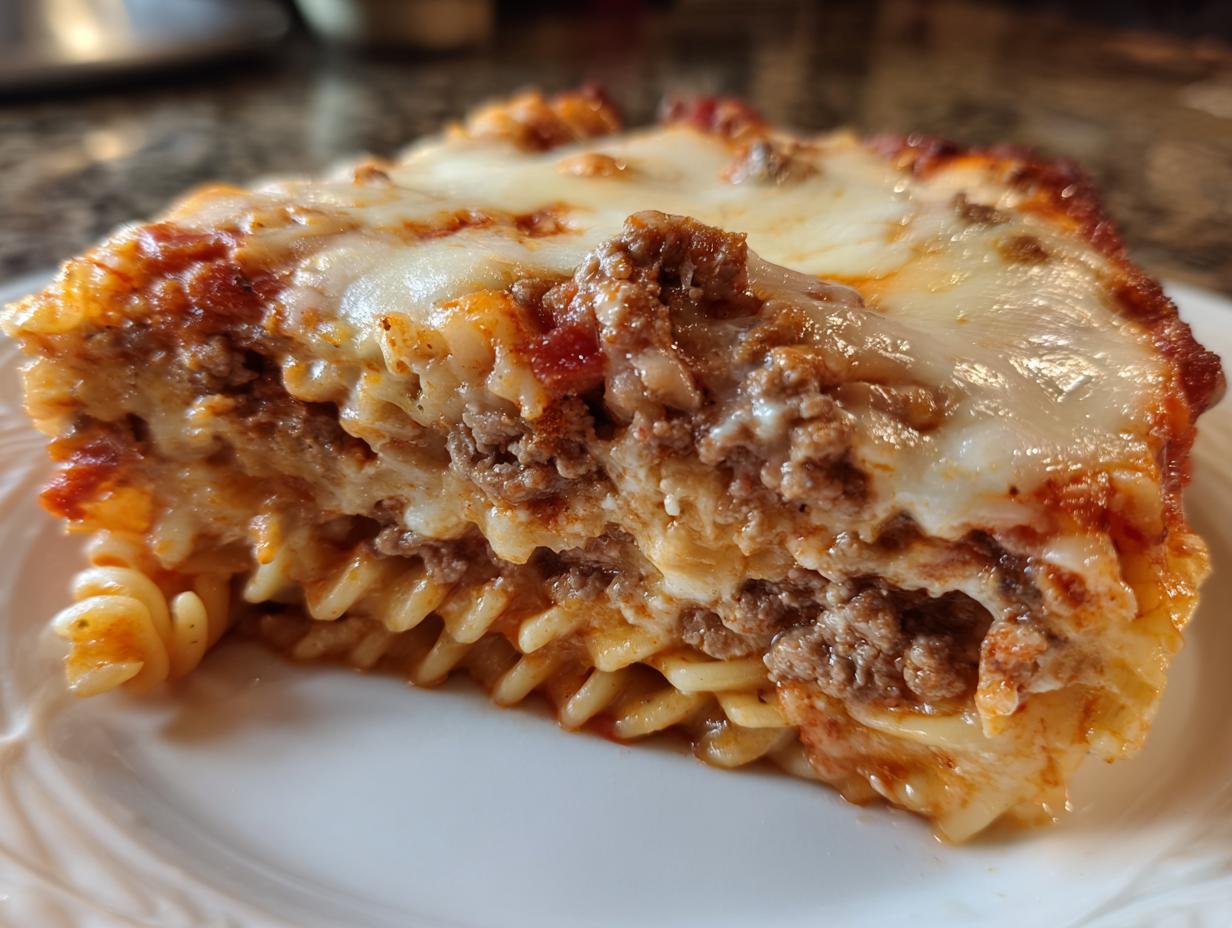 Close-up of a thick slice of pizza casserole featuring rotini pasta, ground meat, tomato sauce, and melted mozzarella cheese.