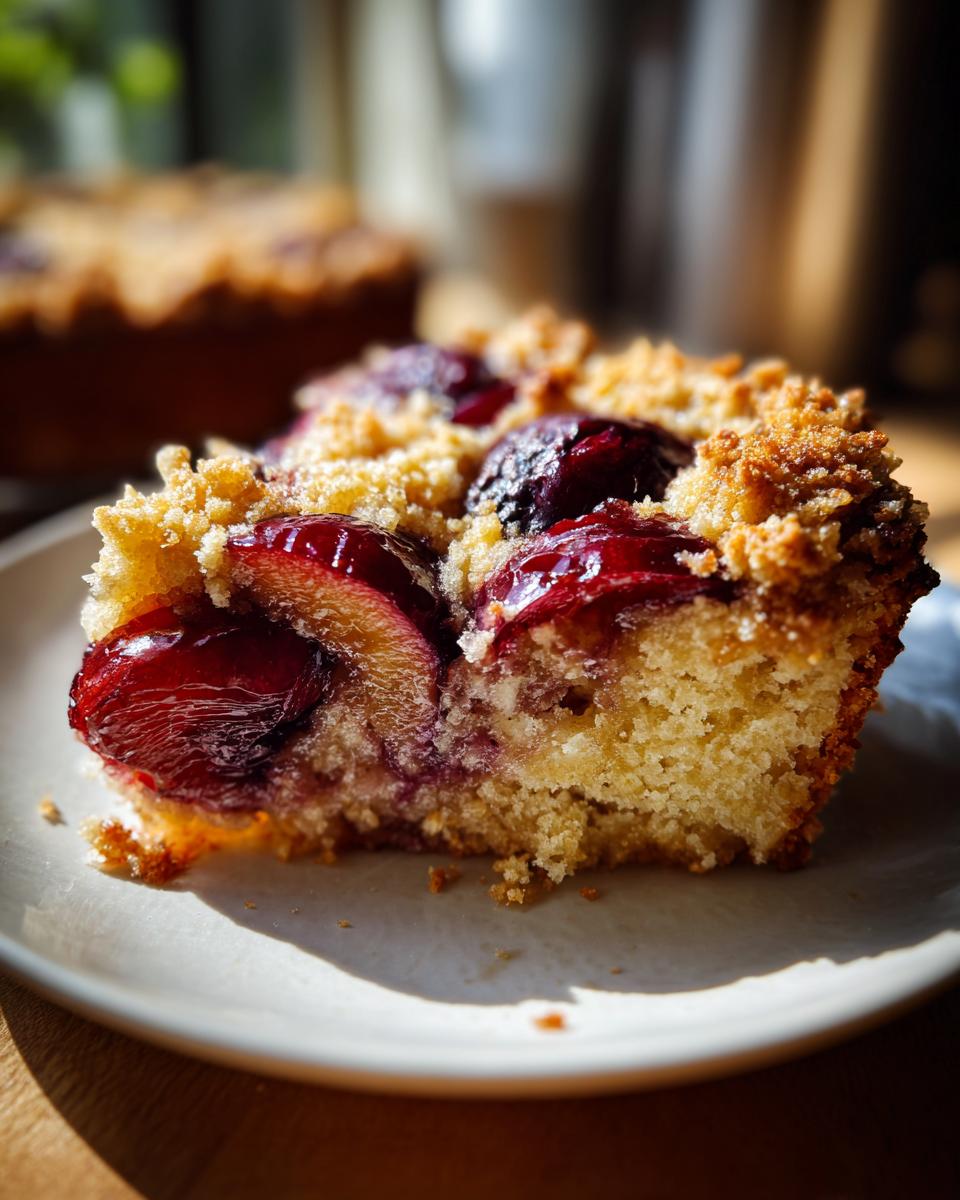 A close-up shot of a moist slice of plum cake topped with caramelized plums and a golden crumble, highlighting the texture.