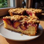 A close-up slice of moist plum cake topped with streusel, showing baked plum halves, with the rest of the plum cake blurred in the background.