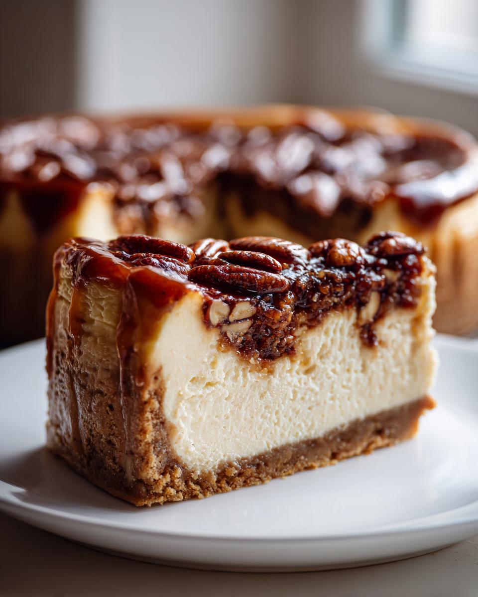 A decadent slice of pecan pie cheesecake featuring a graham cracker crust, creamy filling, and pecan topping with caramel.