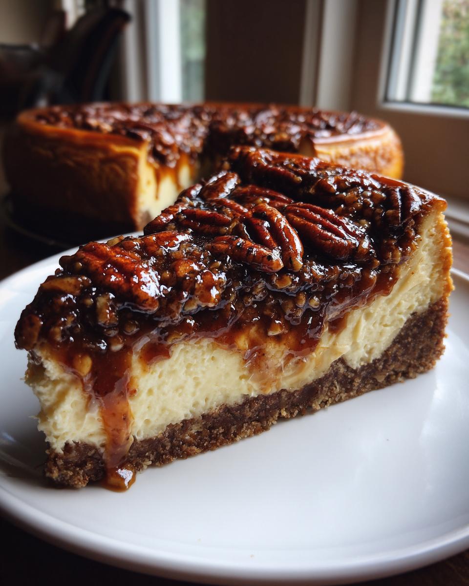 A close-up slice of rich pecan pie cheesecake with a thick caramel pecan topping dripping down the side.
