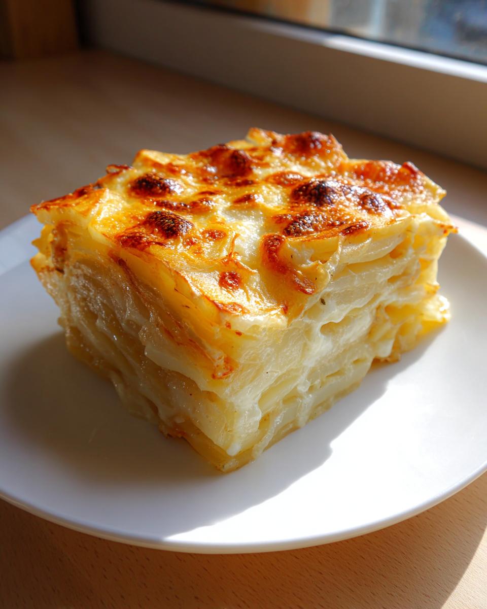 A perfectly baked square slice of creamy potatoes au gratin showing layered potatoes and a golden-brown, bubbly cheese crust.