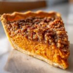 Close-up of a rich slice of sweet potato casserole with a crunchy pecan streusel topping.