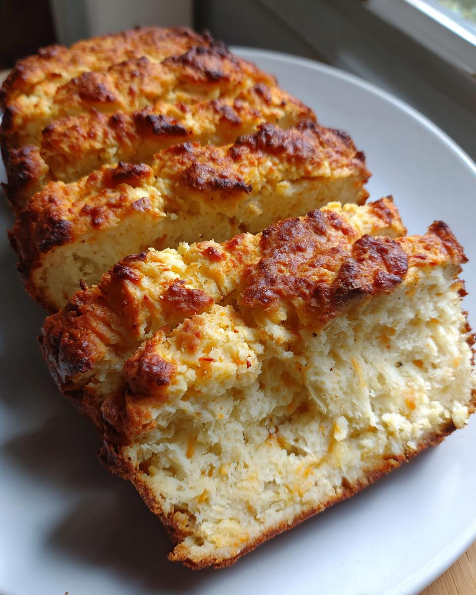 Close-up of sliced amazing beer bread showing a soft interior and a golden, slightly cheesy crust.