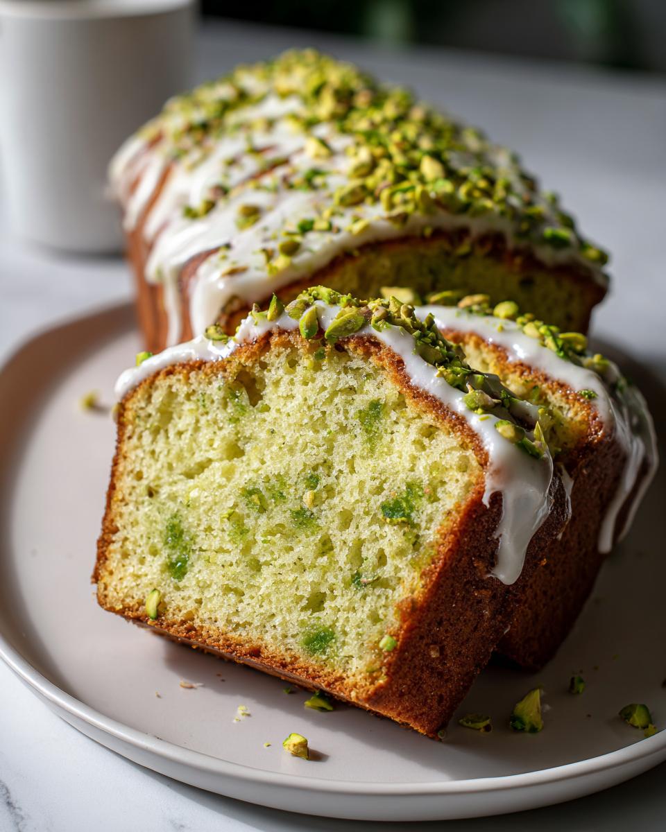 A thick slice of moist pistachio bread, showing green nut pieces inside, topped with white glaze and chopped pistachios.