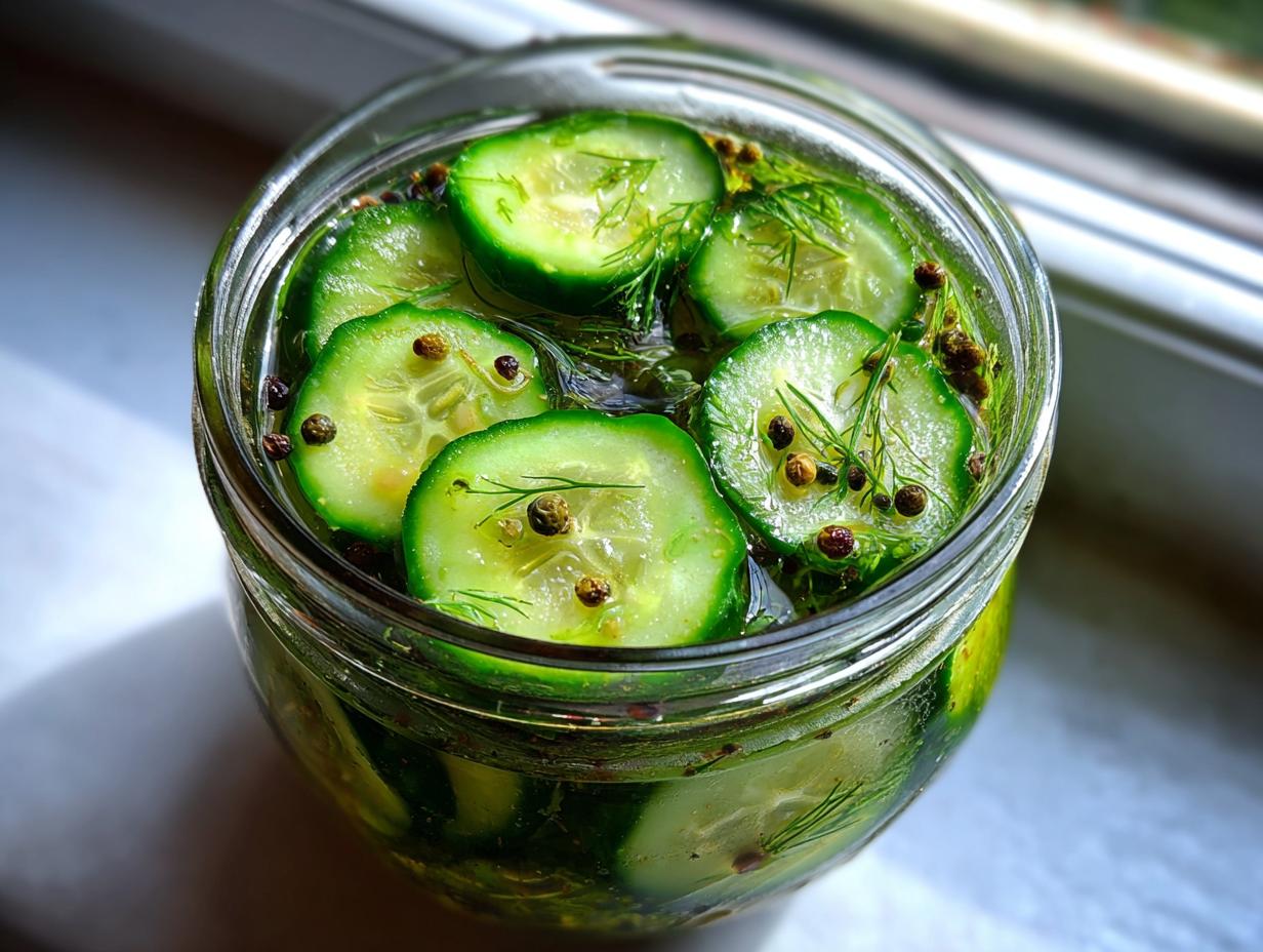 Close-up view of sliced cucumbers soaking in brine with dill and peppercorns for refrigerator pickles.