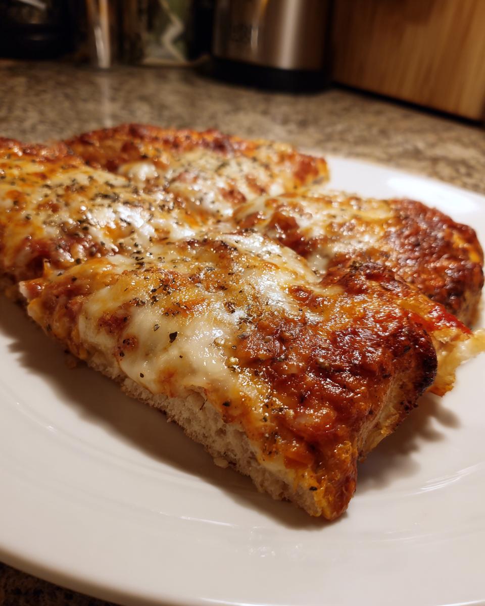 Close-up of thick slices of homemade pizza with melted mozzarella cheese and herbs on a white plate.