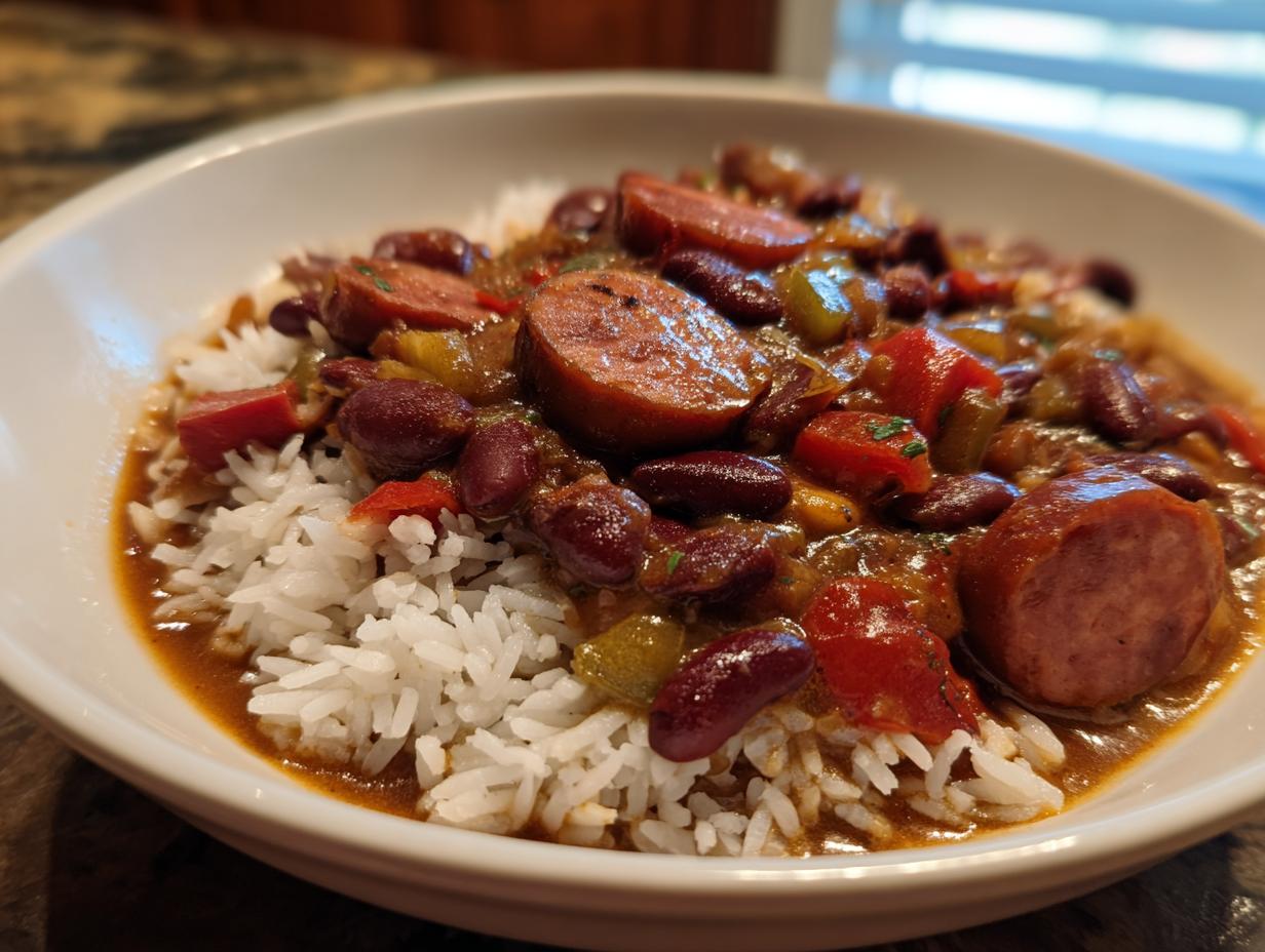 Close-up of a white bowl filled with fluffy white rice topped generously with slow cooker red beans and rice and sliced smoked sausage.