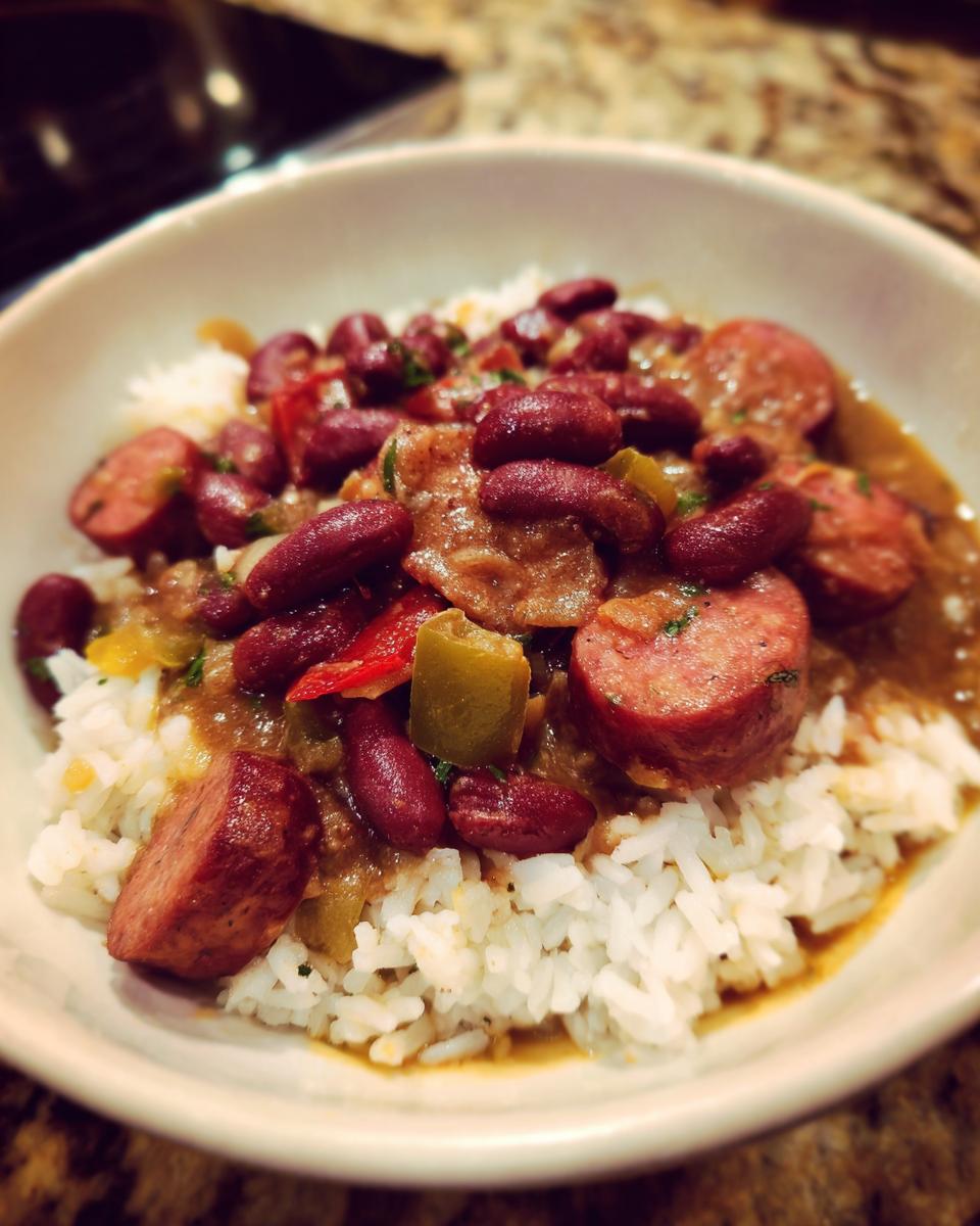 Close-up of a bowl of slow cooker red beans and rice topped with sliced smoked sausage and vegetables.