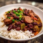 Close-up of a white bowl filled with fluffy white rice topped generously with slow cooker red beans and rice, smoked sausage slices, and green onions.