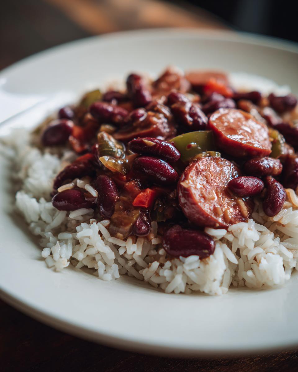 Close-up of a serving of slow cooker red beans and rice topped with sliced smoked sausage on a white plate.