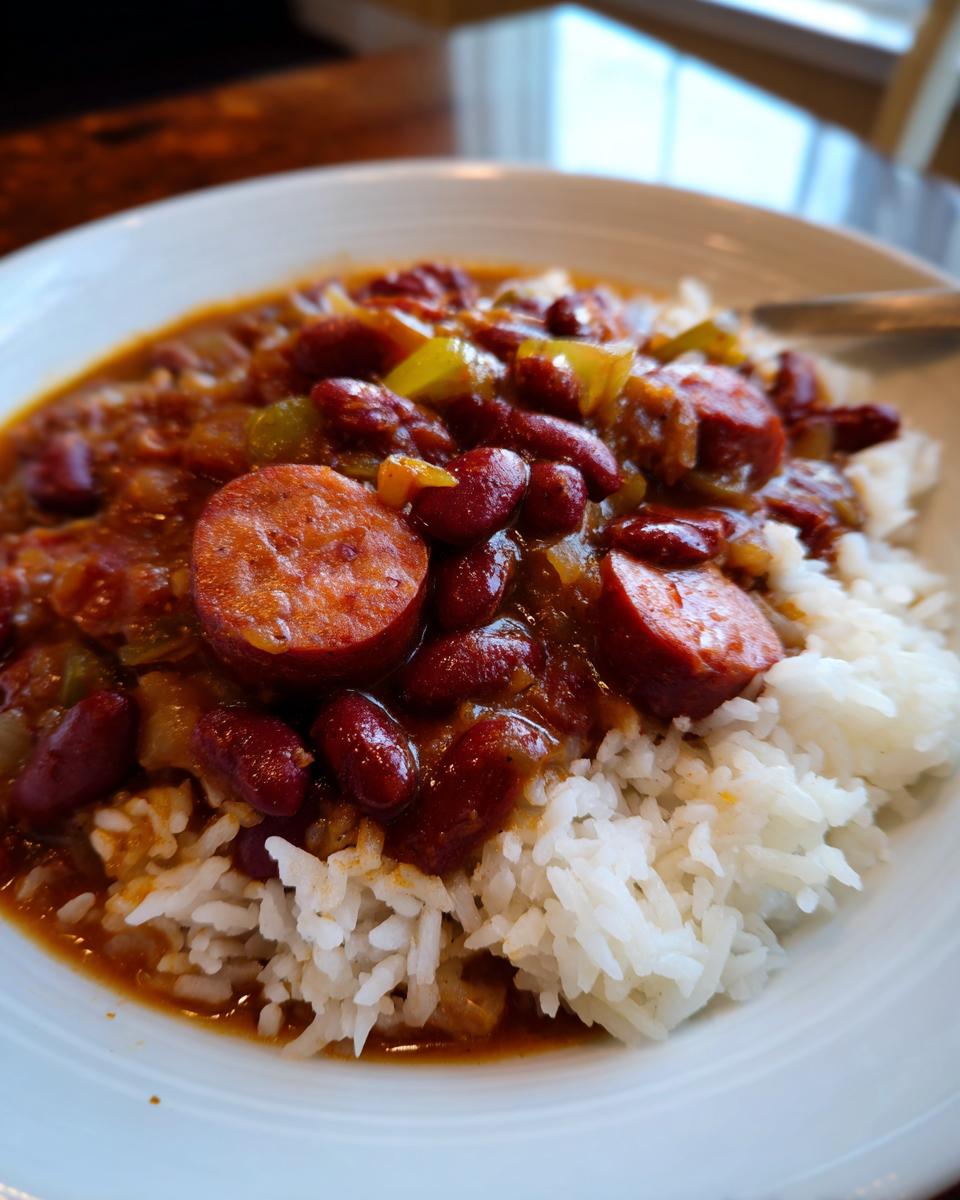 Close-up of a white bowl filled with fluffy white rice topped generously with slow cooker red beans and rice and sliced smoked sausage.