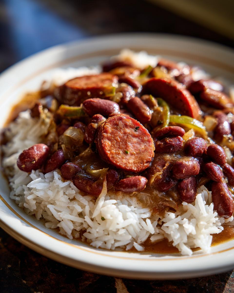 Close-up of a plate of slow cooker red beans and rice topped with sliced smoked sausage and green peppers.