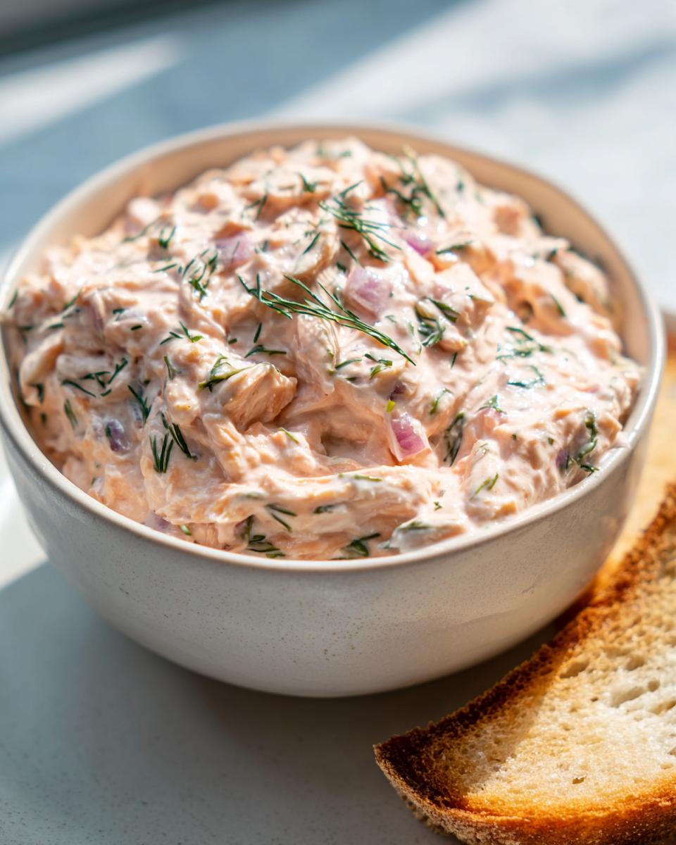 A creamy bowl of smoked salmon dip topped with fresh dill and red onion, served with a piece of toasted bread.