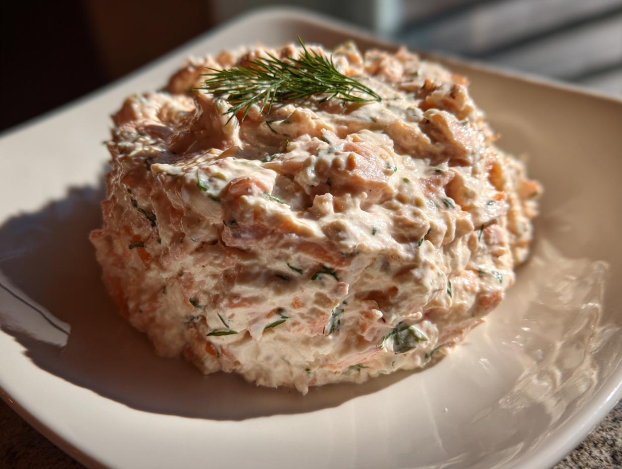 A mound of creamy smoked salmon dip garnished with a sprig of fresh dill, served on a white square plate.