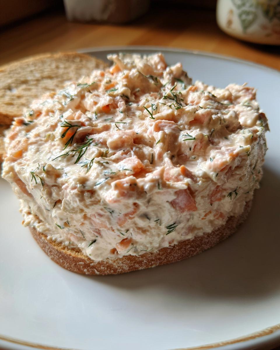 A generous serving of creamy smoked salmon dip topped with fresh dill, spread thickly over a slice of dark bread.