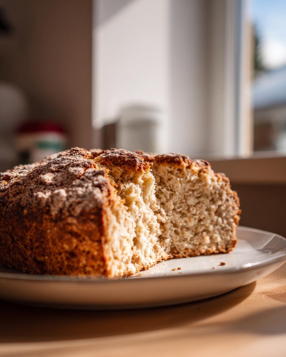 Close-up of a freshly baked soda bread cut in half, showing its crumb texture, illuminated by sunlight.