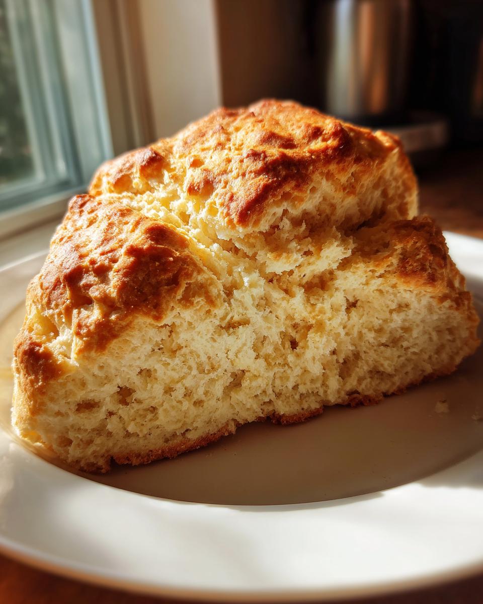 A close-up of a piece of golden-brown soda bread, showing its fluffy, textured interior, resting on a white plate.