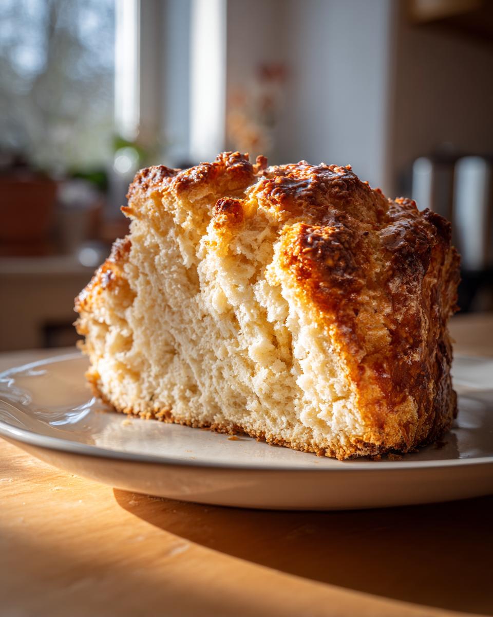 Close-up of a thick slice of homemade soda bread showing its fluffy interior and golden, textured crust.