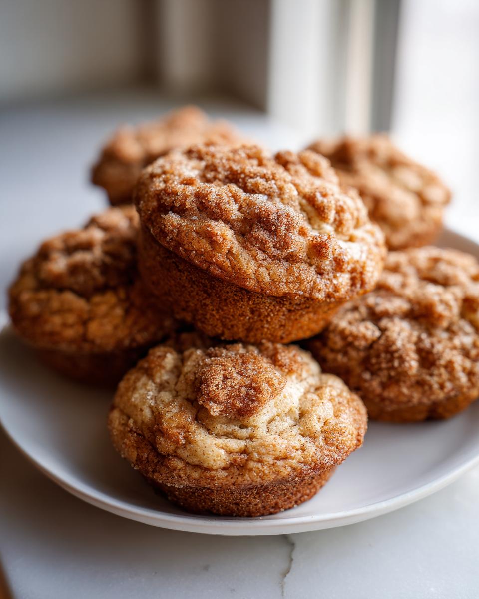 A stack of freshly baked coffee cake cookies topped with a thick cinnamon sugar crumble on a white plate.