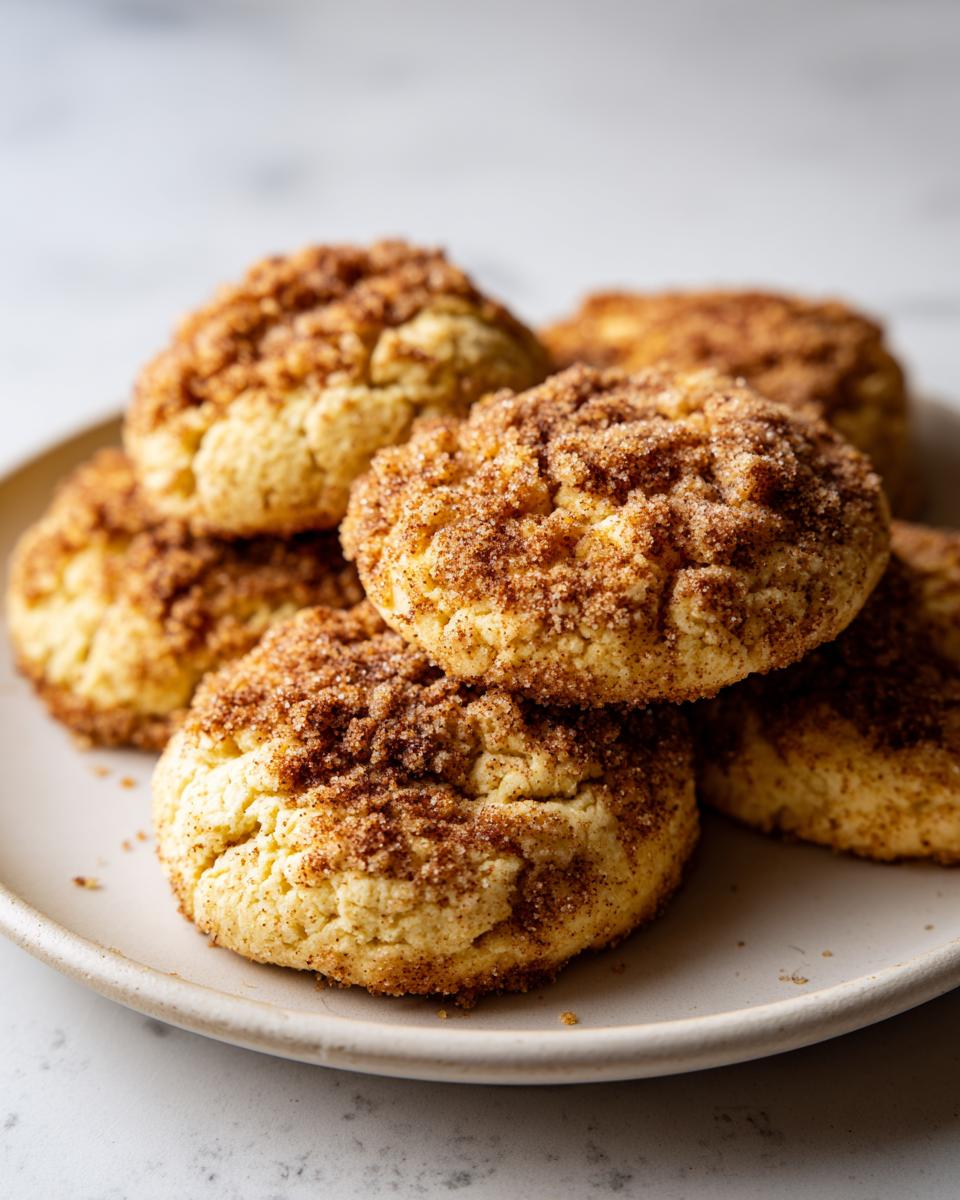 A close-up stack of soft coffee cake cookies generously topped with cinnamon sugar crumble.