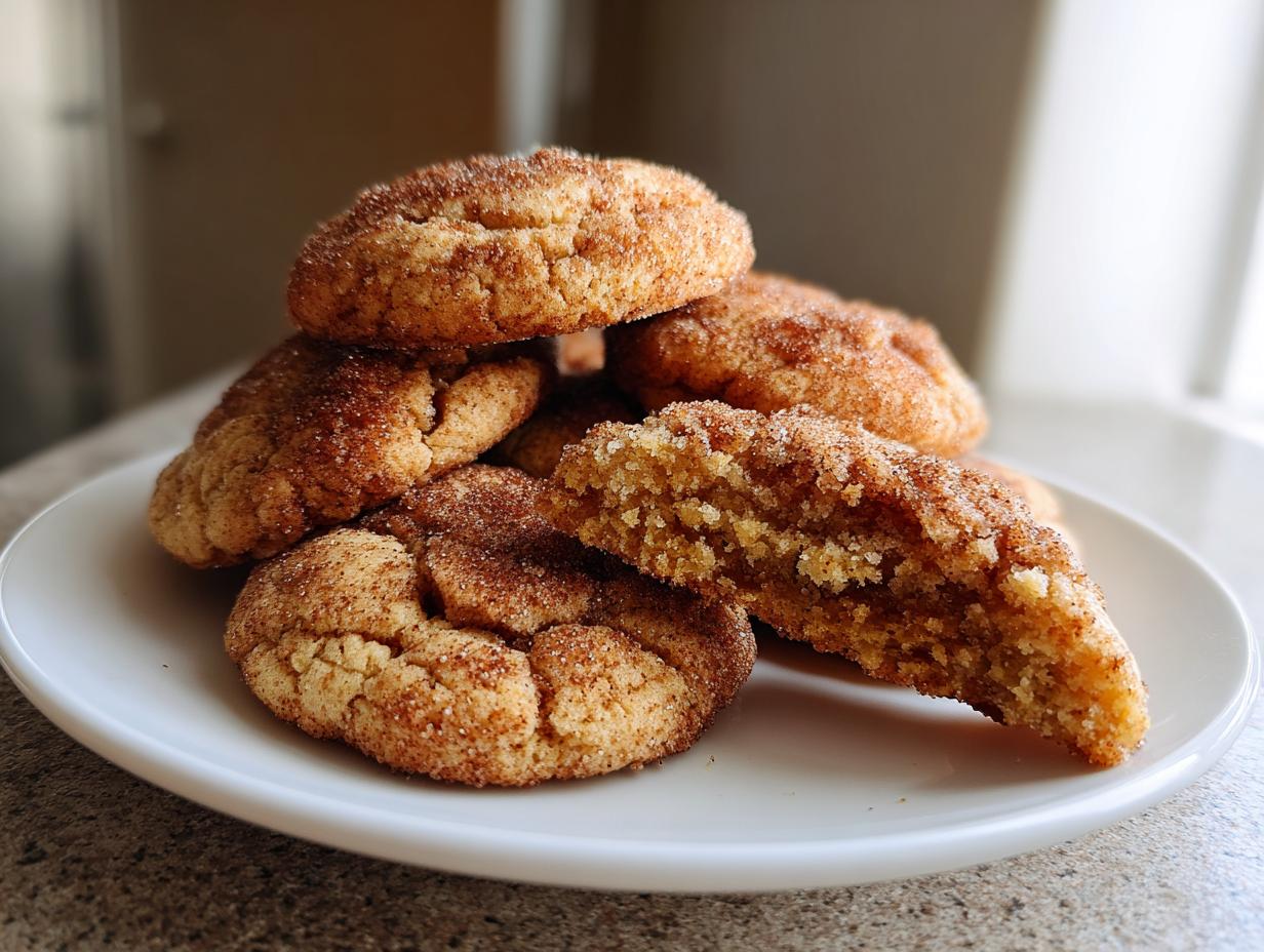 A stack of soft coffee cake cookies coated in cinnamon sugar, with one cookie broken open to show the moist interior.