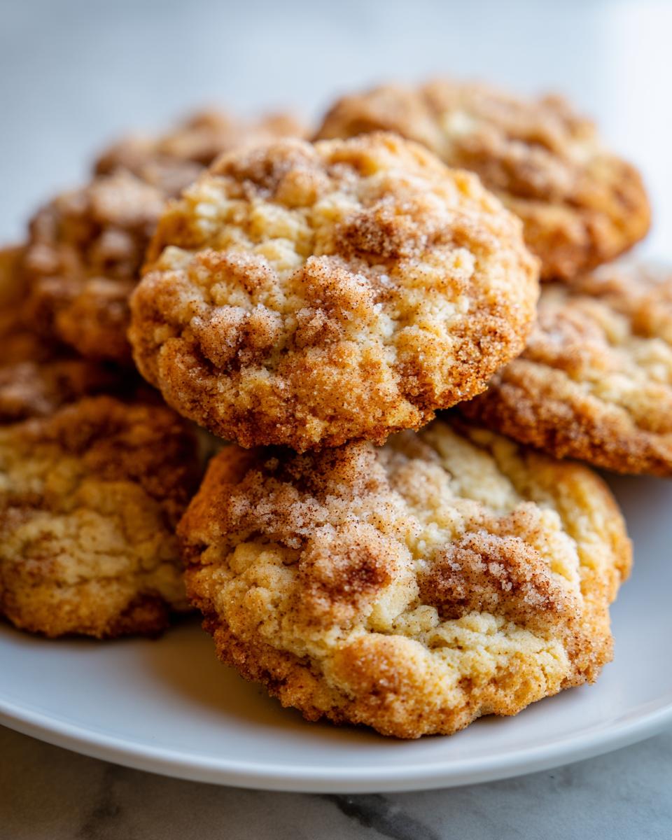 Close-up of several soft coffee cake cookies piled on a white plate, featuring a thick cinnamon-sugar crumble topping.