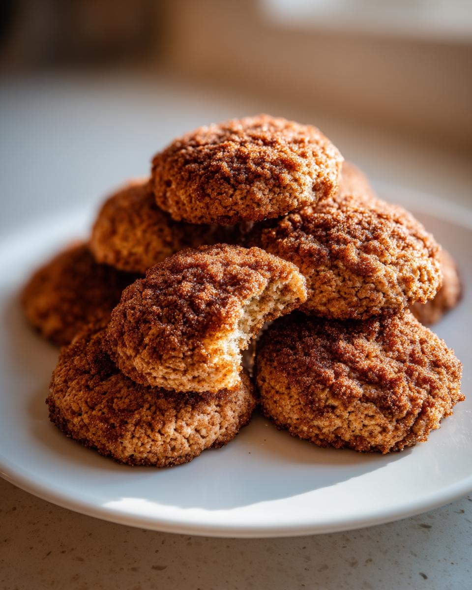A stack of soft coffee cake cookies coated in cinnamon sugar, with one cookie showing a bite taken out.